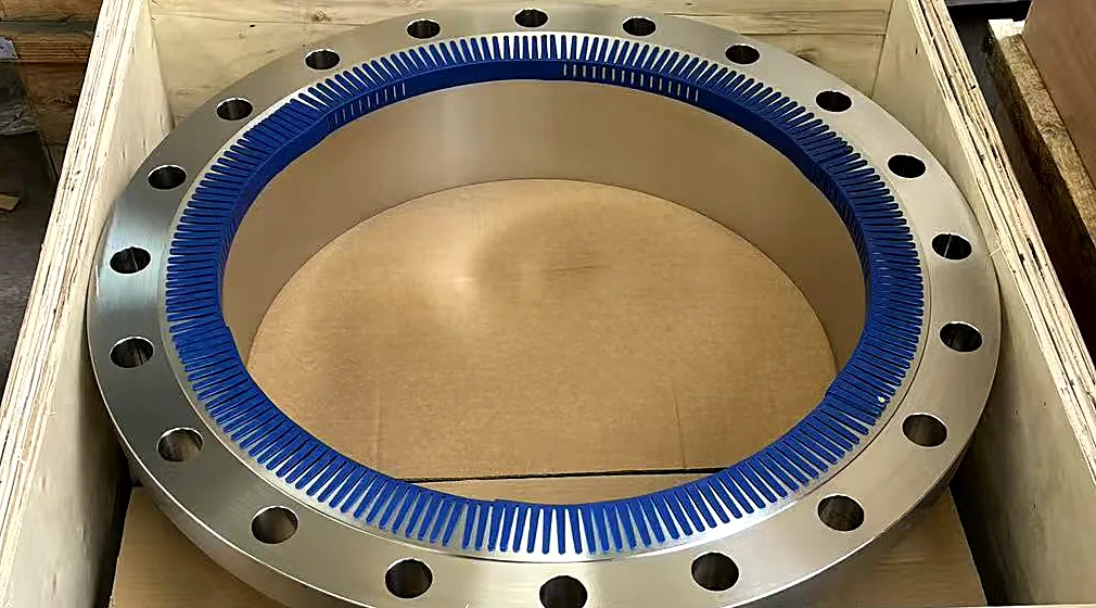 Duplex stainless steel S31803 flange with anti-bonding coating and drilled bolt holes in wooden crate
